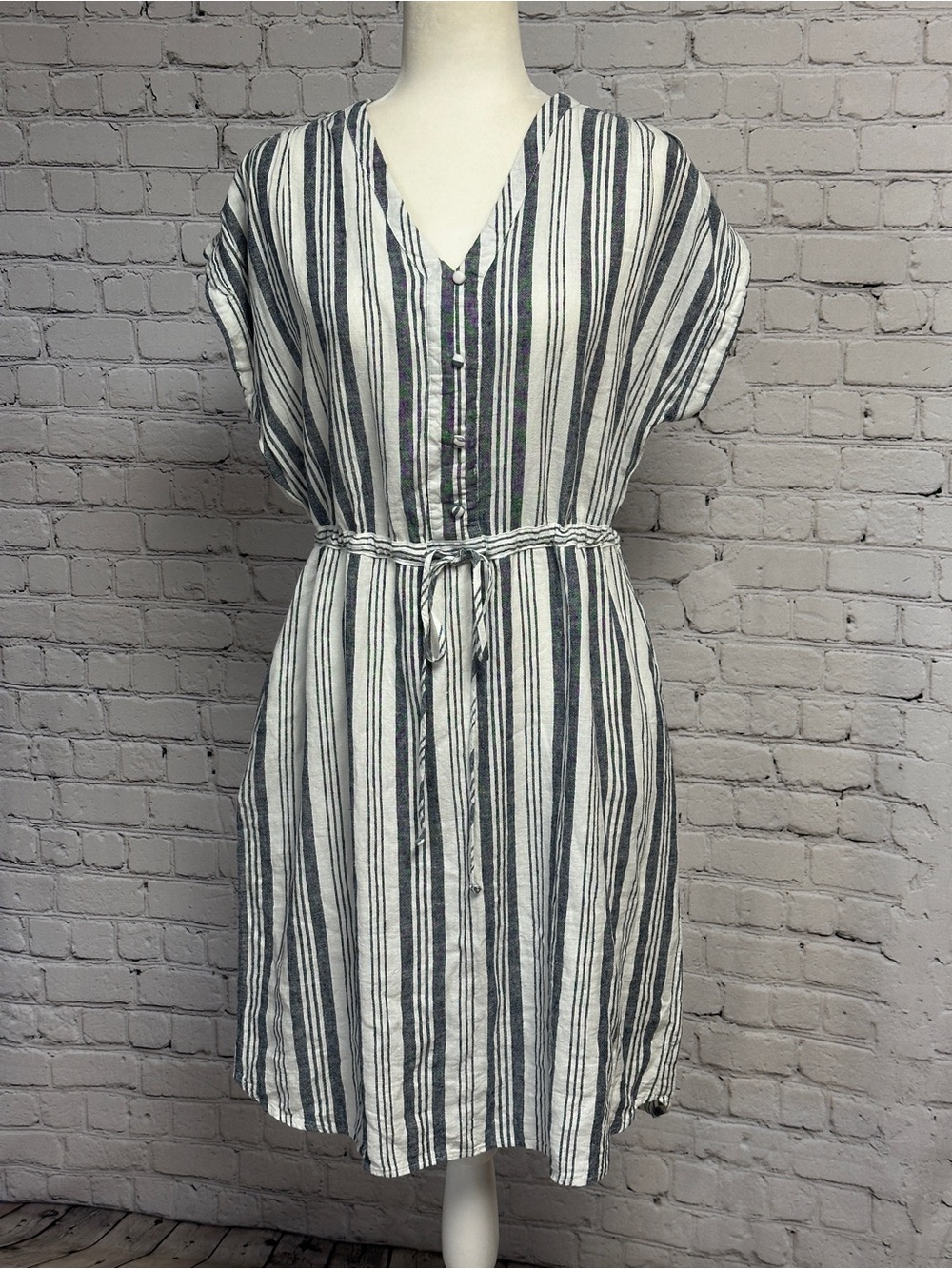 Time and Tru Navy and White Striped V-Neck Tie-Front Midi Dress